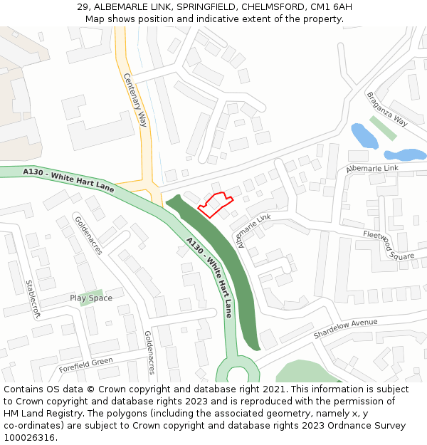 29, ALBEMARLE LINK, SPRINGFIELD, CHELMSFORD, CM1 6AH: Location map and indicative extent of plot