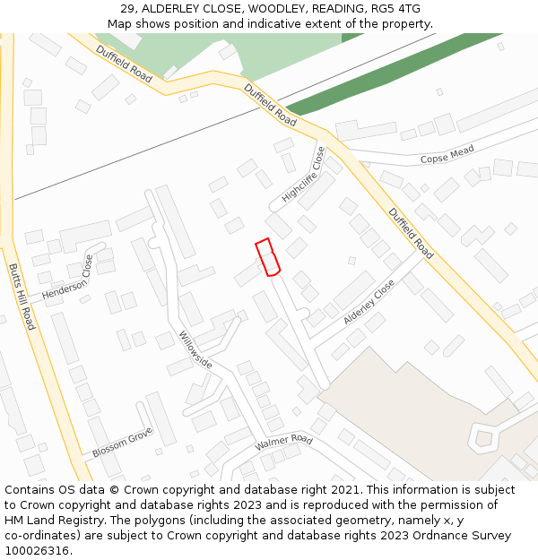 29, ALDERLEY CLOSE, WOODLEY, READING, RG5 4TG: Location map and indicative extent of plot