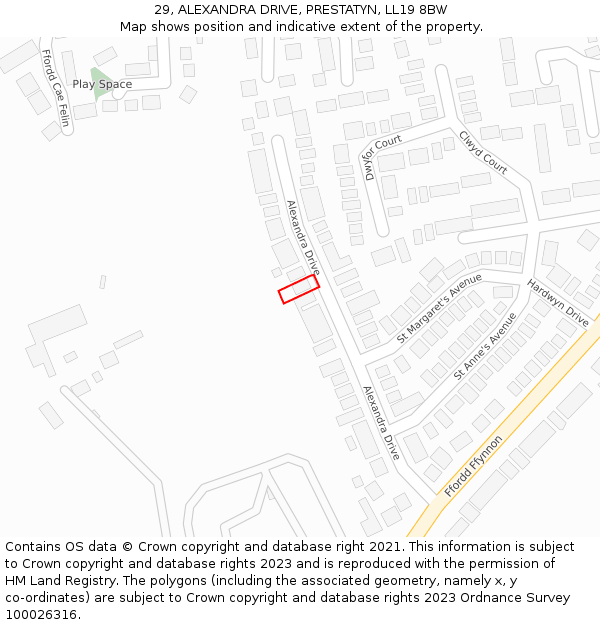 29, ALEXANDRA DRIVE, PRESTATYN, LL19 8BW: Location map and indicative extent of plot