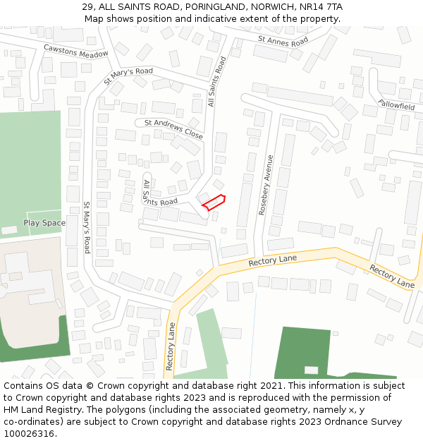 29, ALL SAINTS ROAD, PORINGLAND, NORWICH, NR14 7TA: Location map and indicative extent of plot