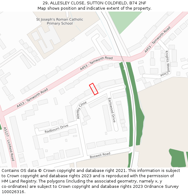 29, ALLESLEY CLOSE, SUTTON COLDFIELD, B74 2NF: Location map and indicative extent of plot