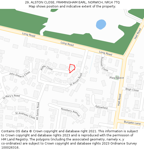 29, ALSTON CLOSE, FRAMINGHAM EARL, NORWICH, NR14 7TQ: Location map and indicative extent of plot
