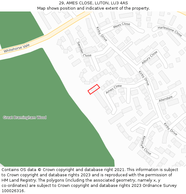 29, AMES CLOSE, LUTON, LU3 4AS: Location map and indicative extent of plot