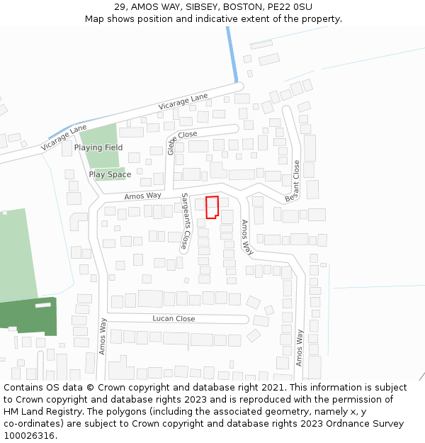 29, AMOS WAY, SIBSEY, BOSTON, PE22 0SU: Location map and indicative extent of plot