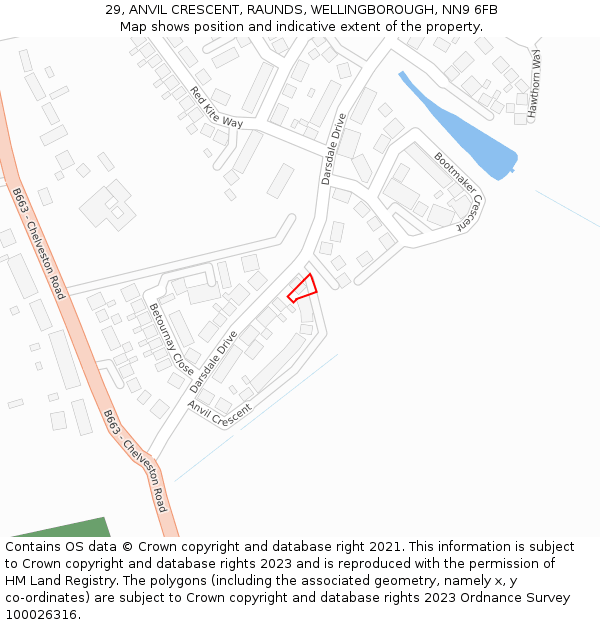 29, ANVIL CRESCENT, RAUNDS, WELLINGBOROUGH, NN9 6FB: Location map and indicative extent of plot
