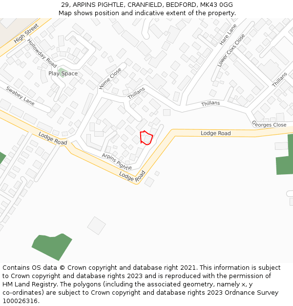 29, ARPINS PIGHTLE, CRANFIELD, BEDFORD, MK43 0GG: Location map and indicative extent of plot