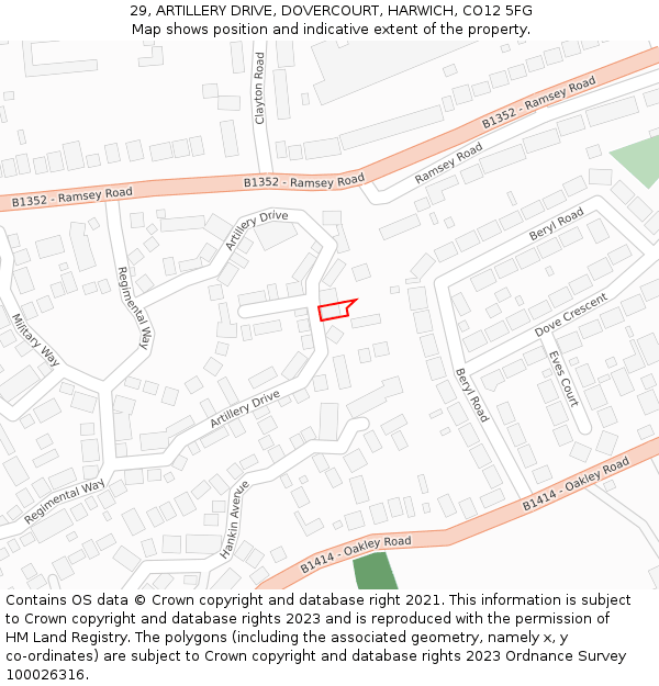 29, ARTILLERY DRIVE, DOVERCOURT, HARWICH, CO12 5FG: Location map and indicative extent of plot