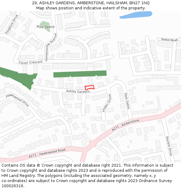 29, ASHLEY GARDENS, AMBERSTONE, HAILSHAM, BN27 1NQ: Location map and indicative extent of plot