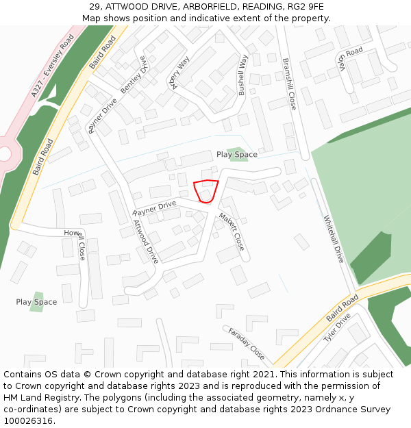 29, ATTWOOD DRIVE, ARBORFIELD, READING, RG2 9FE: Location map and indicative extent of plot