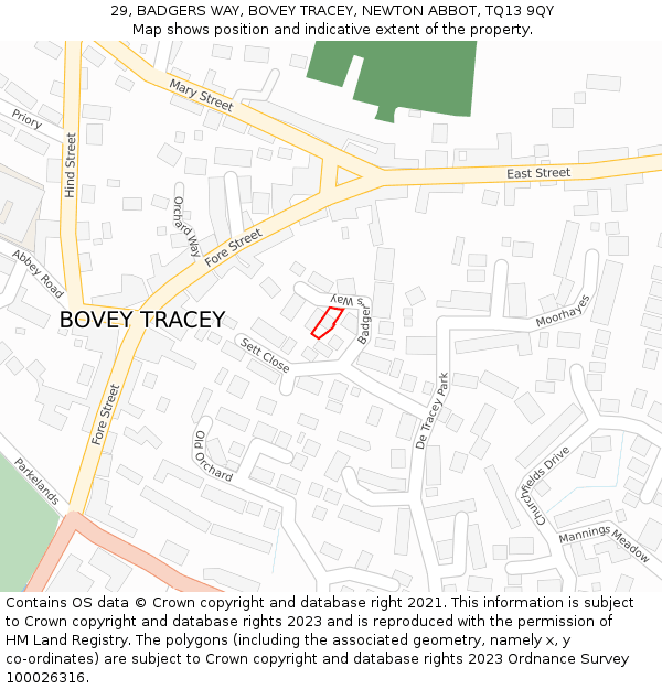 29, BADGERS WAY, BOVEY TRACEY, NEWTON ABBOT, TQ13 9QY: Location map and indicative extent of plot