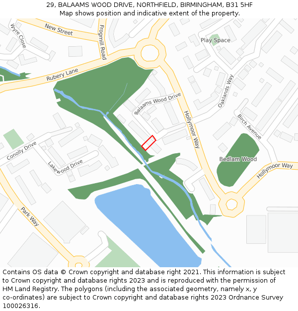 29, BALAAMS WOOD DRIVE, NORTHFIELD, BIRMINGHAM, B31 5HF: Location map and indicative extent of plot