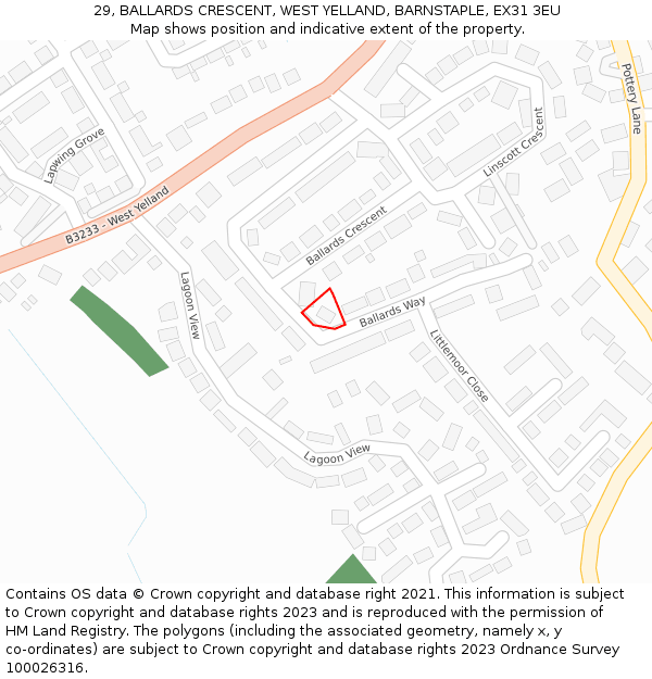 29, BALLARDS CRESCENT, WEST YELLAND, BARNSTAPLE, EX31 3EU: Location map and indicative extent of plot