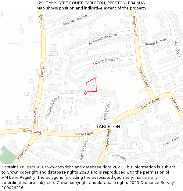 29, BANNISTRE COURT, TARLETON, PRESTON, PR4 6HA: Location map and indicative extent of plot