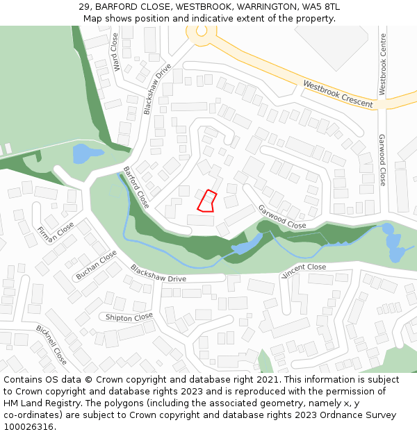 29, BARFORD CLOSE, WESTBROOK, WARRINGTON, WA5 8TL: Location map and indicative extent of plot