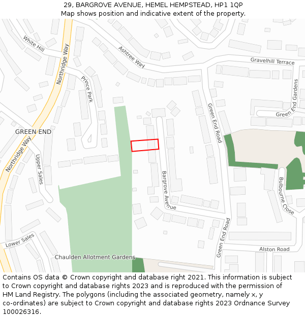 29, BARGROVE AVENUE, HEMEL HEMPSTEAD, HP1 1QP: Location map and indicative extent of plot