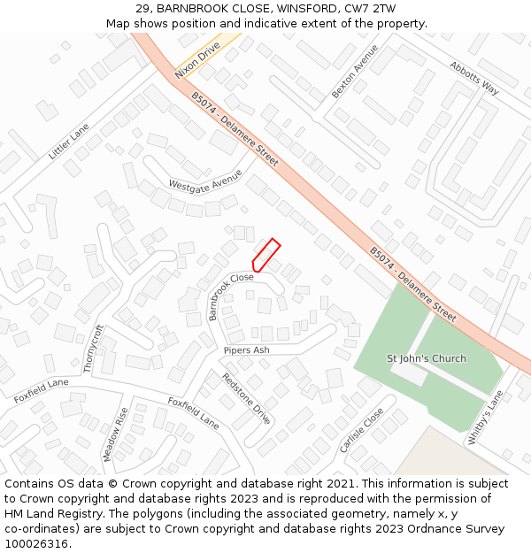 29, BARNBROOK CLOSE, WINSFORD, CW7 2TW: Location map and indicative extent of plot