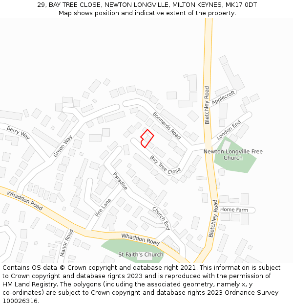 29, BAY TREE CLOSE, NEWTON LONGVILLE, MILTON KEYNES, MK17 0DT: Location map and indicative extent of plot