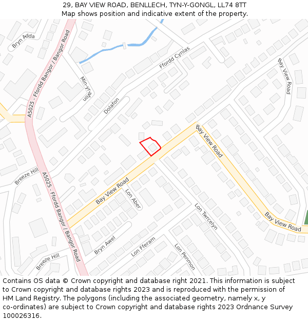 29, BAY VIEW ROAD, BENLLECH, TYN-Y-GONGL, LL74 8TT: Location map and indicative extent of plot