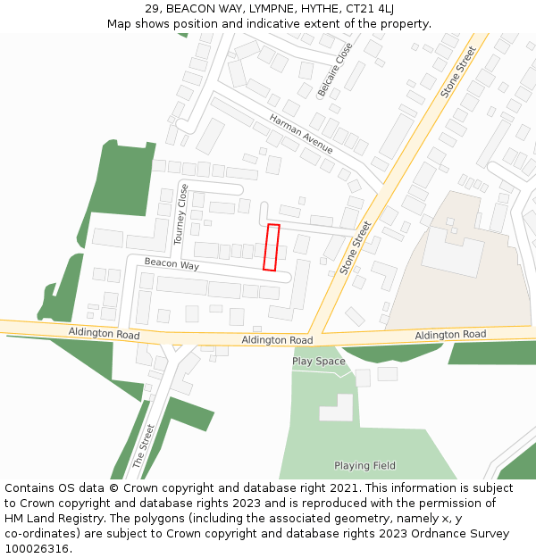 29, BEACON WAY, LYMPNE, HYTHE, CT21 4LJ: Location map and indicative extent of plot