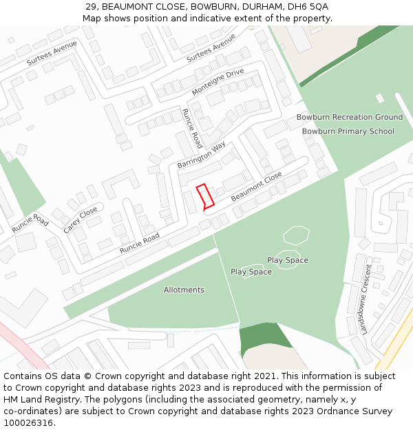 29, BEAUMONT CLOSE, BOWBURN, DURHAM, DH6 5QA: Location map and indicative extent of plot