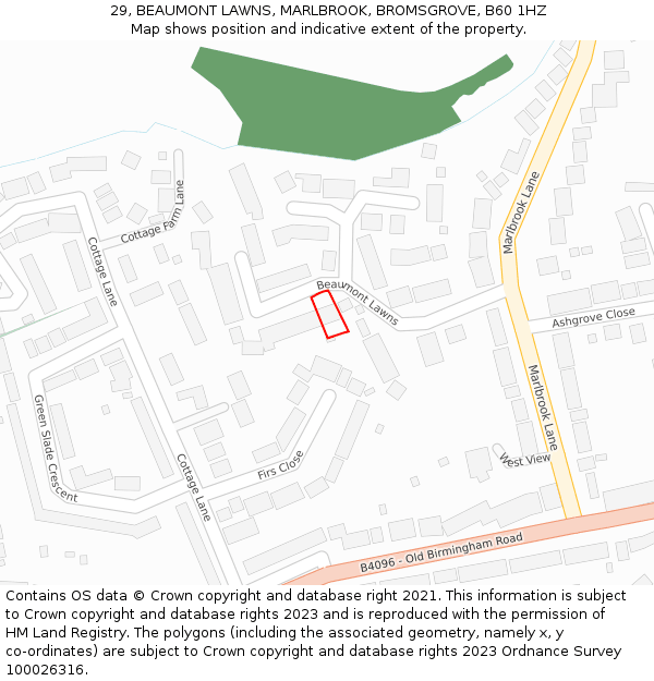 29, BEAUMONT LAWNS, MARLBROOK, BROMSGROVE, B60 1HZ: Location map and indicative extent of plot