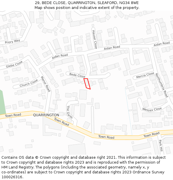 29, BEDE CLOSE, QUARRINGTON, SLEAFORD, NG34 8WE: Location map and indicative extent of plot