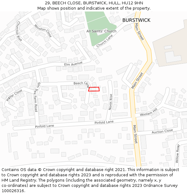 29, BEECH CLOSE, BURSTWICK, HULL, HU12 9HN: Location map and indicative extent of plot