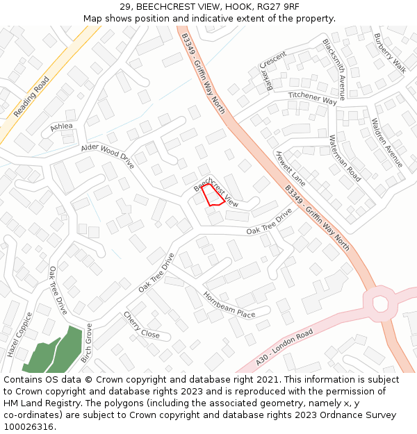 29, BEECHCREST VIEW, HOOK, RG27 9RF: Location map and indicative extent of plot