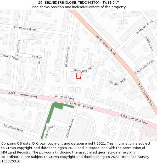 29, BELVEDERE CLOSE, TEDDINGTON, TW11 0NT: Location map and indicative extent of plot