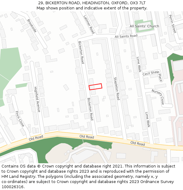 29, BICKERTON ROAD, HEADINGTON, OXFORD, OX3 7LT: Location map and indicative extent of plot