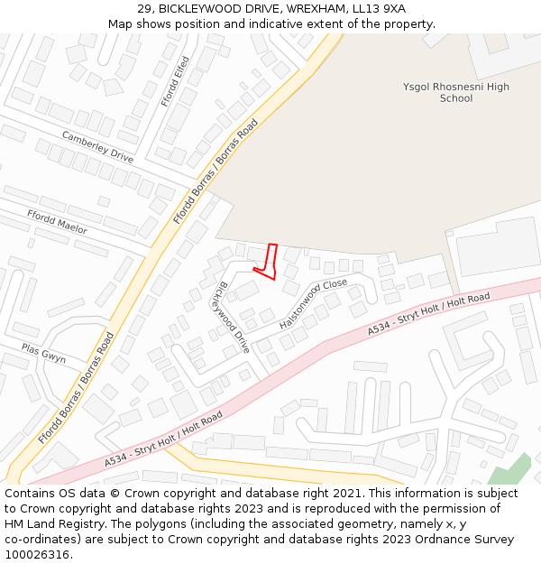 29, BICKLEYWOOD DRIVE, WREXHAM, LL13 9XA: Location map and indicative extent of plot
