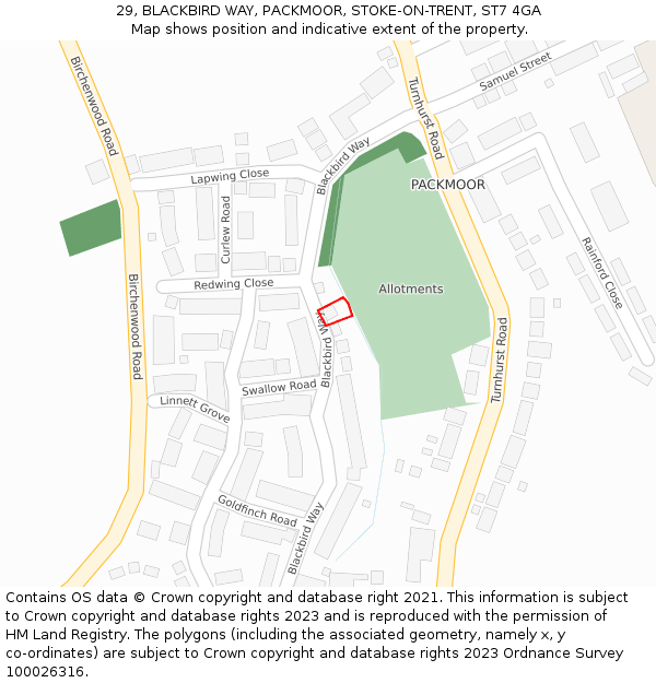 29, BLACKBIRD WAY, PACKMOOR, STOKE-ON-TRENT, ST7 4GA: Location map and indicative extent of plot