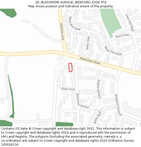 29, BLACKMORE AVENUE, BIDEFORD, EX39 3TG: Location map and indicative extent of plot