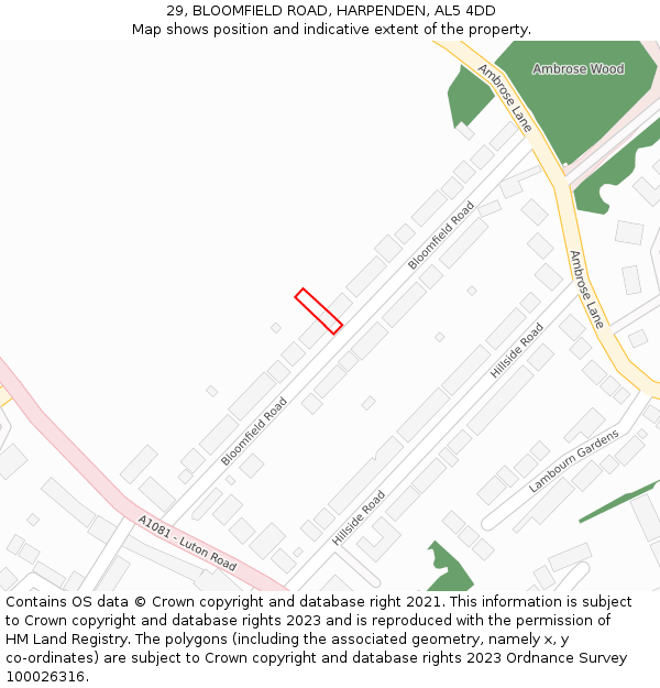 29, BLOOMFIELD ROAD, HARPENDEN, AL5 4DD: Location map and indicative extent of plot