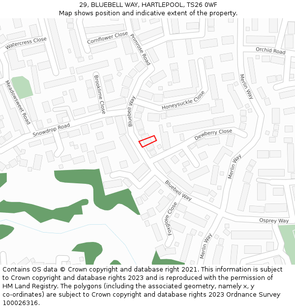 29, BLUEBELL WAY, HARTLEPOOL, TS26 0WF: Location map and indicative extent of plot