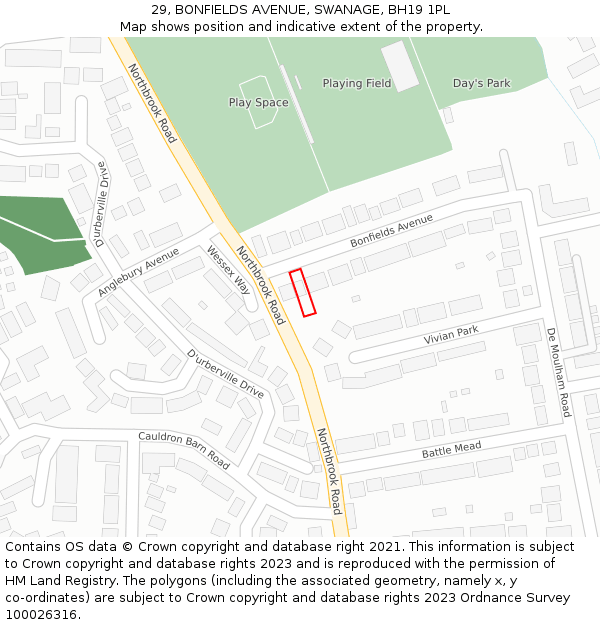 29, BONFIELDS AVENUE, SWANAGE, BH19 1PL: Location map and indicative extent of plot