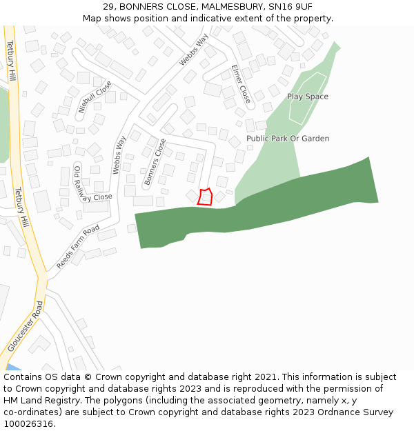 29, BONNERS CLOSE, MALMESBURY, SN16 9UF: Location map and indicative extent of plot