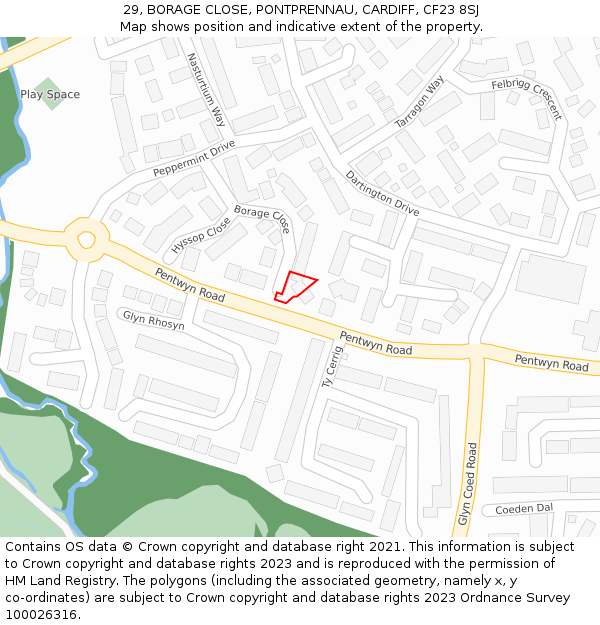 29, BORAGE CLOSE, PONTPRENNAU, CARDIFF, CF23 8SJ: Location map and indicative extent of plot