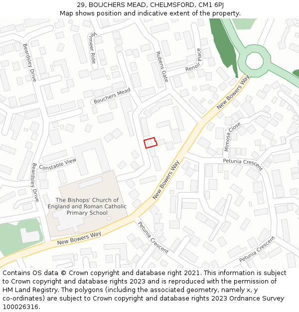 29, BOUCHERS MEAD, CHELMSFORD, CM1 6PJ: Location map and indicative extent of plot