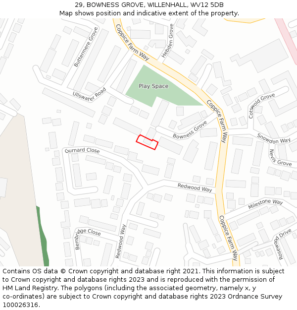29, BOWNESS GROVE, WILLENHALL, WV12 5DB: Location map and indicative extent of plot