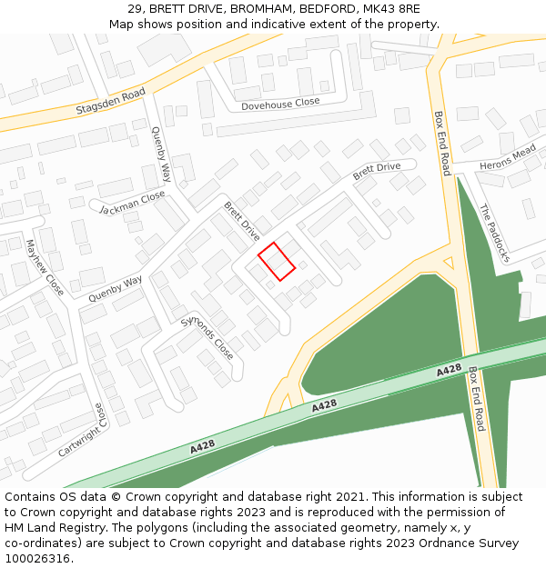 29, BRETT DRIVE, BROMHAM, BEDFORD, MK43 8RE: Location map and indicative extent of plot
