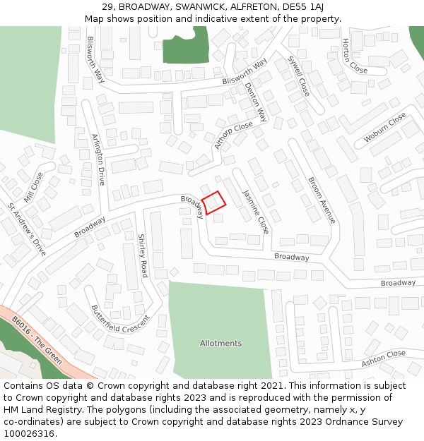 29, BROADWAY, SWANWICK, ALFRETON, DE55 1AJ: Location map and indicative extent of plot