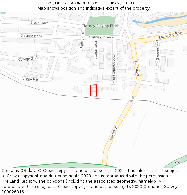 29, BRONESCOMBE CLOSE, PENRYN, TR10 8LE: Location map and indicative extent of plot