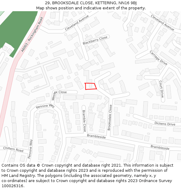 29, BROOKSDALE CLOSE, KETTERING, NN16 9BJ: Location map and indicative extent of plot