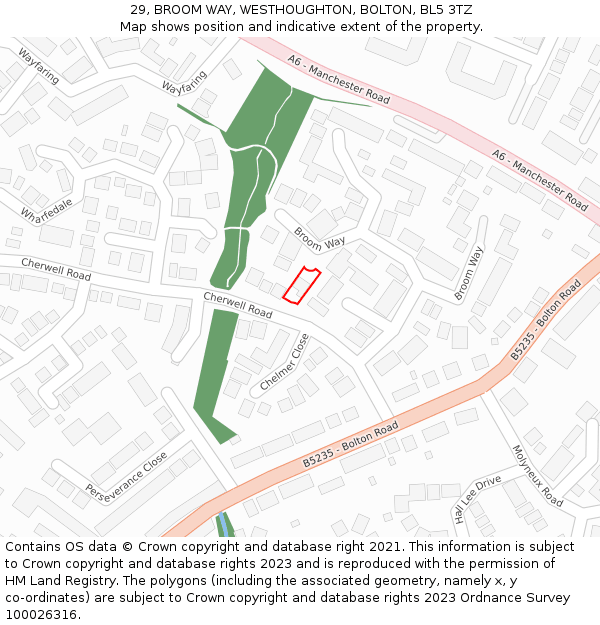 29, BROOM WAY, WESTHOUGHTON, BOLTON, BL5 3TZ: Location map and indicative extent of plot