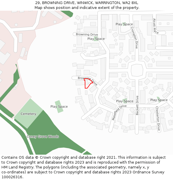 29, BROWNING DRIVE, WINWICK, WARRINGTON, WA2 8XL: Location map and indicative extent of plot