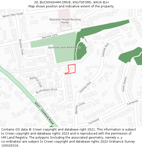 29, BUCKINGHAM DRIVE, KNUTSFORD, WA16 8LH: Location map and indicative extent of plot