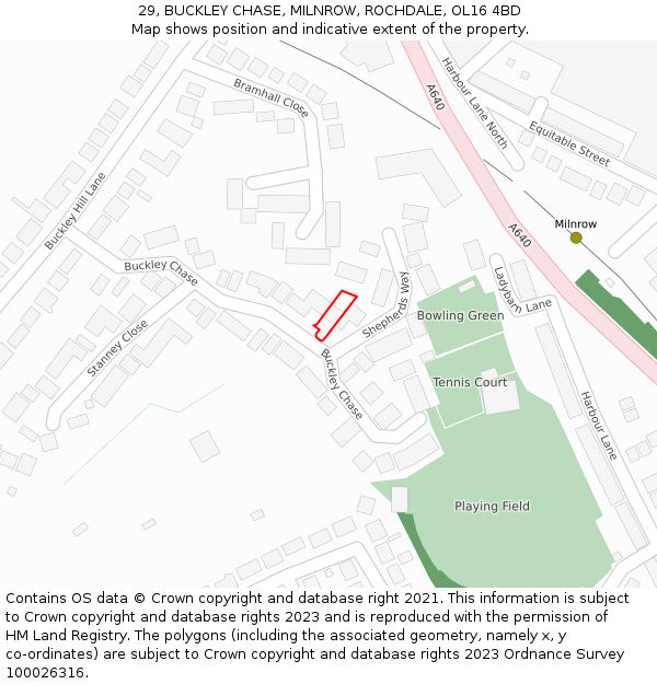 29, BUCKLEY CHASE, MILNROW, ROCHDALE, OL16 4BD: Location map and indicative extent of plot