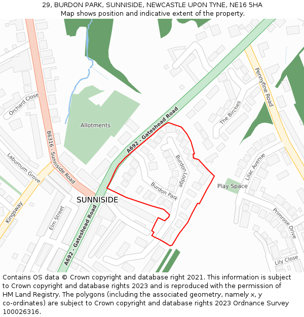 29, BURDON PARK, SUNNISIDE, NEWCASTLE UPON TYNE, NE16 5HA: Location map and indicative extent of plot