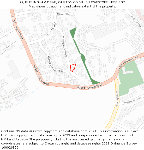 29, BURLINGHAM DRIVE, CARLTON COLVILLE, LOWESTOFT, NR33 8GD: Location map and indicative extent of plot